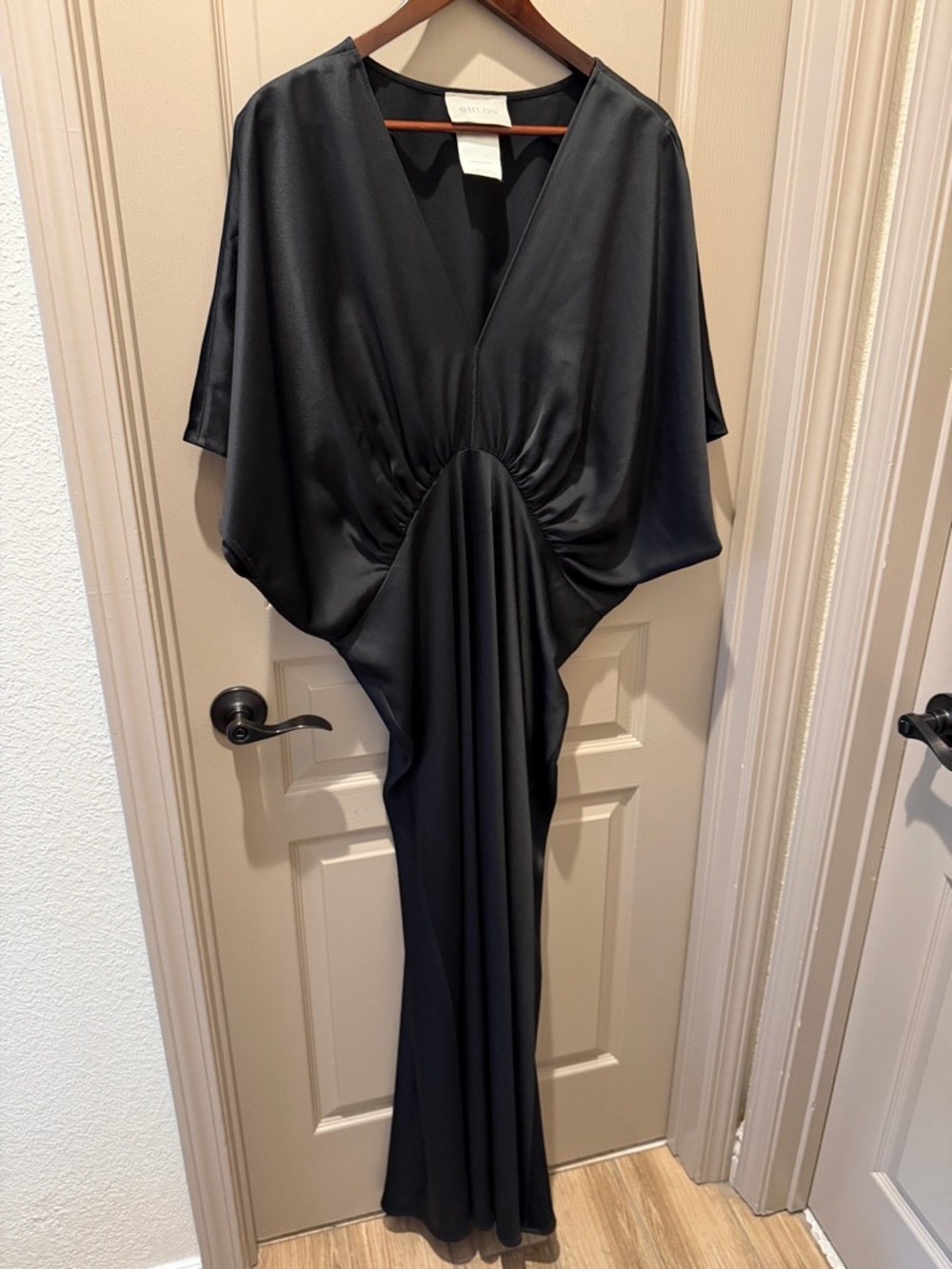 BHLDN Black Satin V-Neck Draped Midi Dress - Picture 2 of 7